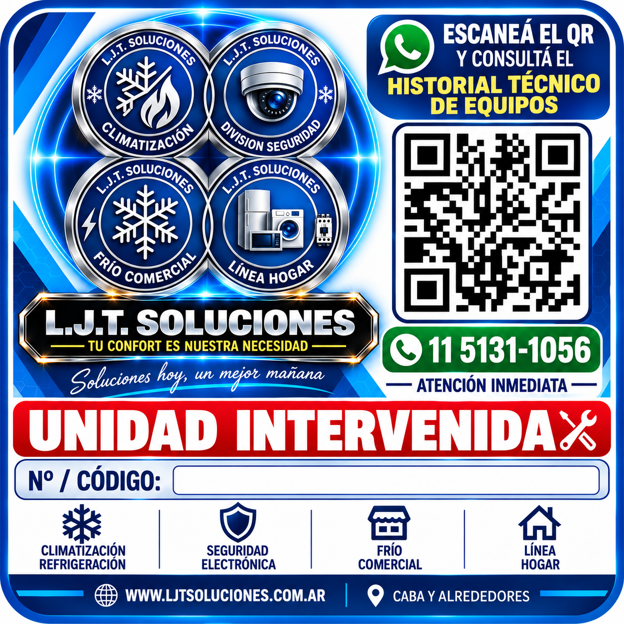 Ejemplo visual de etiqueta de unidad intervenida L.J.T. SOLUCIONES. Código QR de acceso al sitio web